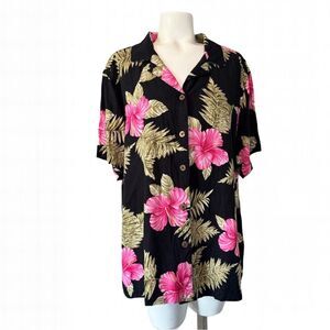 Havana Jack’s Cafe Hawaiian Floral Button-Up Shirt Pink Black 2X
